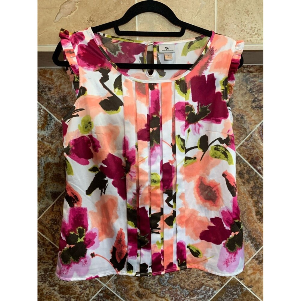 Worthington Watercolor Floral Pleated Sleeveless Blouse Keyhole Back Size M